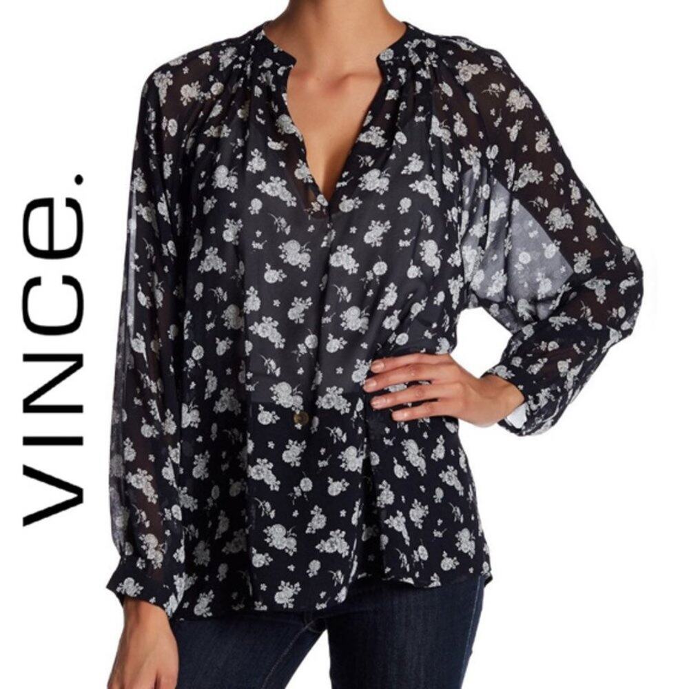 Vince “Calico” Size XS Floral Shirred 100% Silk Blouse Quiet Luxury Romantic